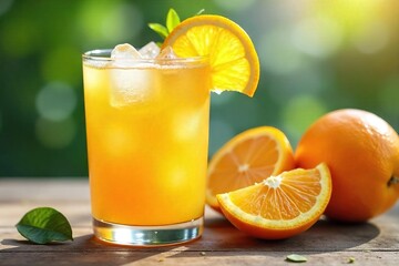Refreshing orange juice lemonade in a glass, ice cubes clinking, citrus slices garnishing the rim Perfect summer beverage, vibrant colors, healthy drink , summer vibes, ice cubes