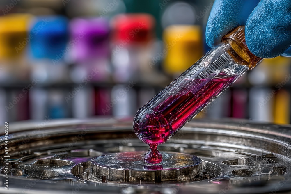 Poster precision in the lab: a scientist dispensing a vibrant liquid into a complex mechanism.