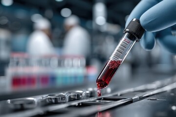 Gloved hand holding blood sample test tube with a drip in a medical lab.
