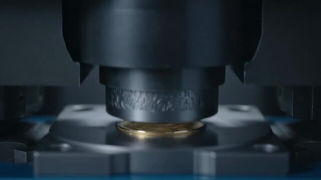 Coin Stamping Machine Close Up - A close-up shot shows a gold coin being stamped by a large industrial machine. The detailed video highlights the precision and technology involved in coin production.