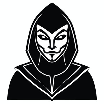 Mysterious hooded figure with sharp facial features and piercing eyes in a dark cloak representing anonymity and intrigue