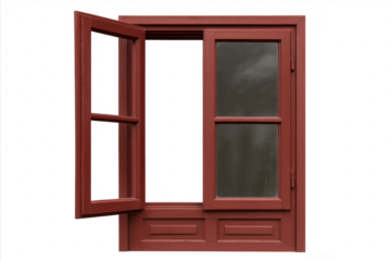 Red wooden window frame with transparent background letting in light and air