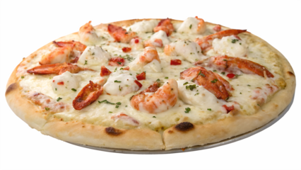 Lobster pizza with lobster chunks, white cream sauce, mozzarella, white background, no text