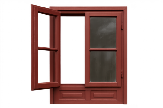 Red wooden window frame with transparent background letting in light and air
