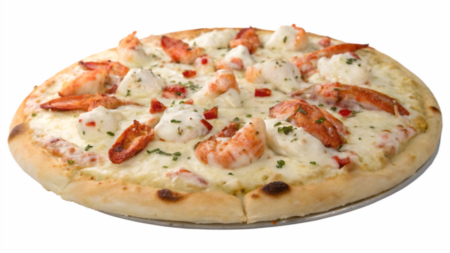 Lobster pizza with lobster chunks, white cream sauce, mozzarella, white background, no text