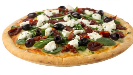 Mediterranean pizza with olives, feta, sun-dried tomatoes, spinach, white background, no text