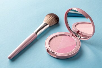 Colorful Blush and Brush Set Against a Blue Background