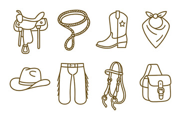 Outlined western icons: cowboy gear and accessories collection
