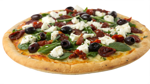 Mediterranean pizza with olives, feta, sun-dried tomatoes, spinach, white background, no text