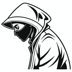 Stylized black and white illustration of a person wearing a hooded sweatshirt and face mask looking down