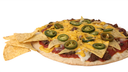 Nacho pizza with tortilla chips, jalapeños, cheddar cheese, salsa, white background, no text