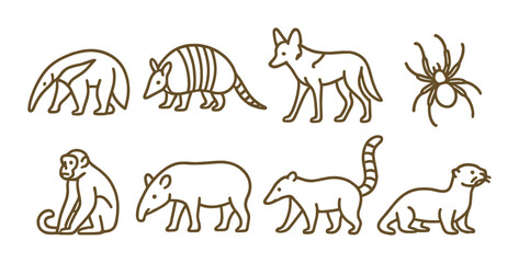 Outline illustrations of south american animals on yellow background