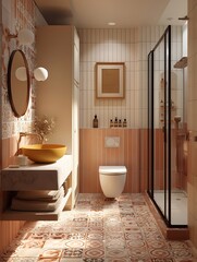 photorealistic render of a small modern bathroom with a retro twist warm beige and terracotta palette striped vertical ceramic wall tiles retro geometric floo