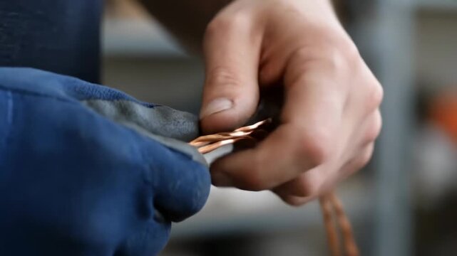Electrician Hands Twisting Copper Wires - Close-up view of an electrician's hands wearing work gloves, carefully twisting together two strands of copper wire.
