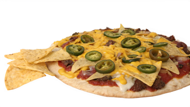 Nacho pizza with tortilla chips, jalapeños, cheddar cheese, salsa, white background, no text