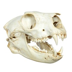 A detailed close-up of a bear skull with its mouth open showing sharp teeth and powerful jaws.
