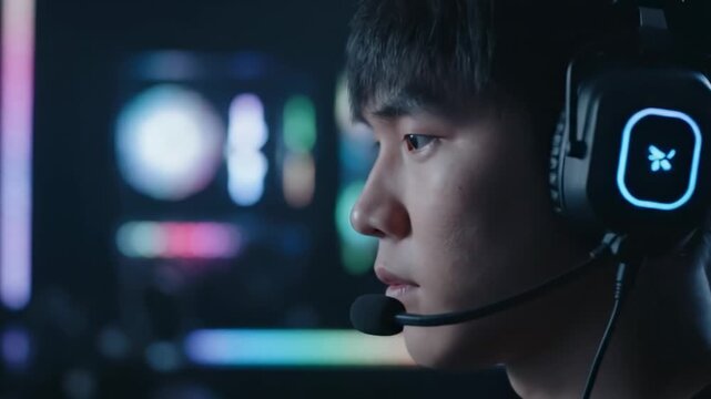 Esports Gamer Adjusting Headset - Close-up shot of a focused esports player adjusting his gaming headset in a dimly lit room, with a blurred background of vibrant computer screens.
