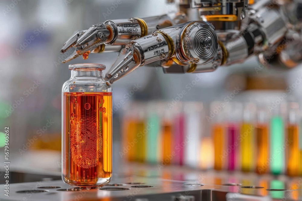 Aufkleber precision robotic arm in a high-tech laboratory handling a dna sample vial.