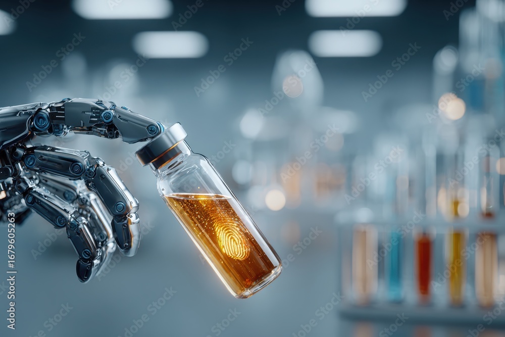 Poster a robotic hand holds a vial with a glowing genetic fingerprint in a high-tech laboratory.