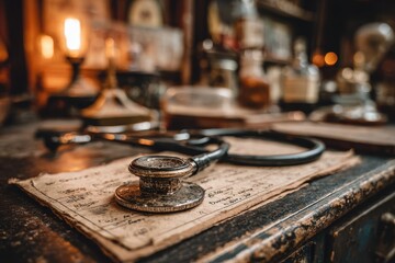 Vintage stethoscope on aged papers in an old doctor's office setting.