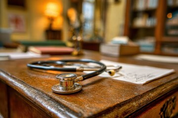 Obraz premium A classic medical stethoscope rests on a vintage wooden desk in an office setting.