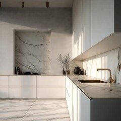 a modern minimalist corner kitchen interior left side has a recessed niche placed in a plastered wall with a white kitchen unit and a black induction cooktop