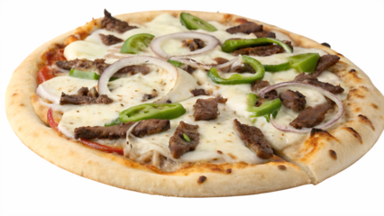 Philly cheesesteak pizza with thin beef slices, green peppers, onions, mozzarella cheese, white background, no text