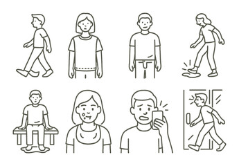 Caucasian male and female line art illustrations in various situations including walking and taking a selfie