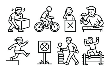 Safety hazards: illustrations of unsafe actions and warning signs