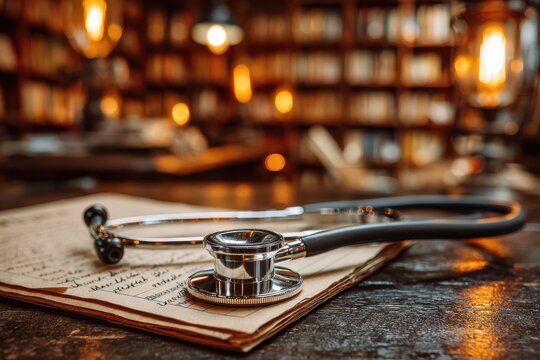 A vintage stethoscope resting on old medical notes in a cozy, illuminated library.