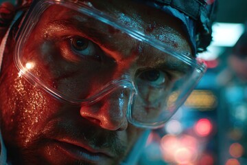 Intense portrait of a man in safety goggles with sweat and blood splatters.
