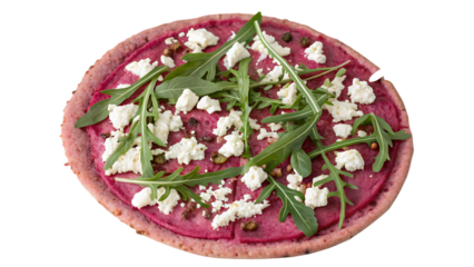 Pink beetroot crust pizza with feta cheese, arugula, white background, no text