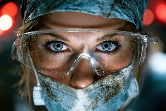 Intense blue eyes of a fatigued healthcare worker through dirty mask.