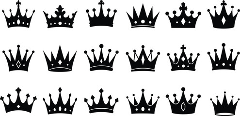 Black crown silhouette vector collection, royal crown icons set for luxury design, royalty emblem, king and queen crown clipart illustrations