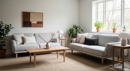 Light gray sofas and wooden coffee table in a bright living room with plants and abstract art couch furniture