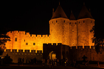 August 10, 2025, Carcassone, France, night city.  Double-walled fortifications  of Carcassonne, a...