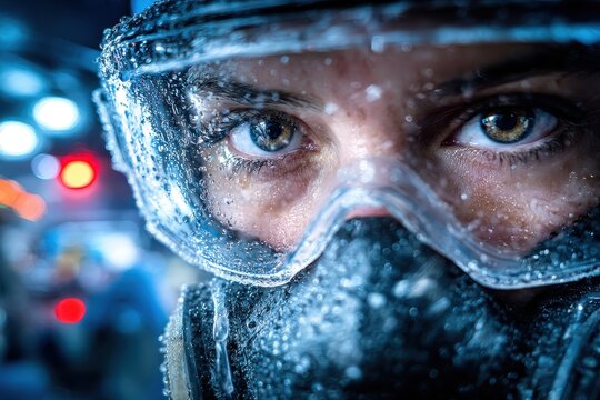 Intense close-up of a person in a wet, protective respirator mask with striking eyes.