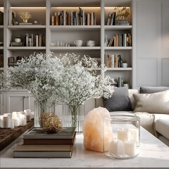 Create a large modern luxury biophilic living room that includes the following biophilic elements babys breath flowers Himalayan salt candle holder The room s