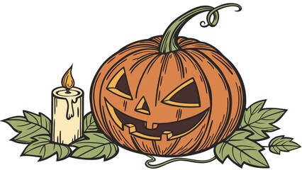 This vector illustration features a classic Halloween pumpkin carved into a glowing jack-o’-lantern, designed in a clean and modern style. The artwork showcases bold flat colors, smooth outlines, and 