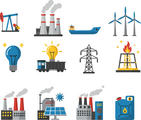 Energy production vector icon set, oil pump, gas can, wind turbine, solar panel, power plant, light bulb, and electricity tower