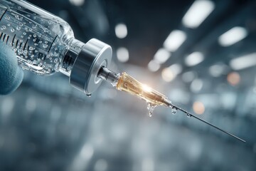 Syringe drawing clear liquid from a medical vial in a sterile lab.