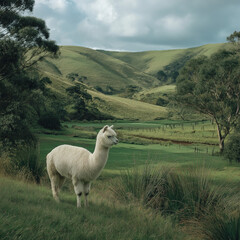 Fototapeta premium A white alpaca grazing peacefully in a lush green pasture with vibrant grass, isolated on a nature background. 