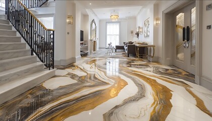 Epoxy resin flooring in a hallway entrance with custom marble and graniteeffect pattern Expensive large St Johns Wood london home stock like image professiona