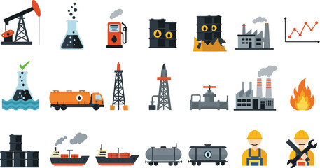 Oil industry icon set, refinery and fuel transportation, petroleum production, gas pipeline, chemical lab, storage tank, industrial factory vector illustration