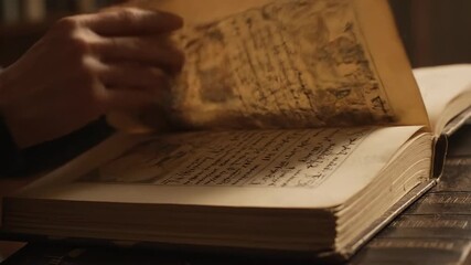 Hands Turning Pages of Ancient Manuscript - Close-up view of hands carefully turning the aged, yellowed pages of a very old manuscript.