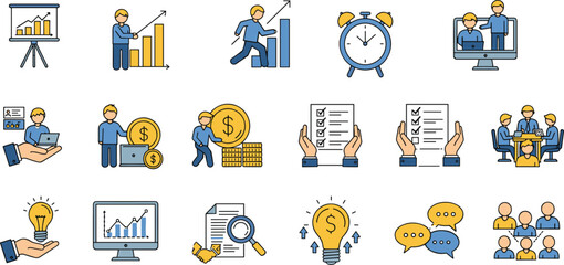 Business concept vector icon set featuring modern flat-style illustrations of charts, finance, teamwork, ideas, productivity, communication, and remote collaboration for corporate presentations