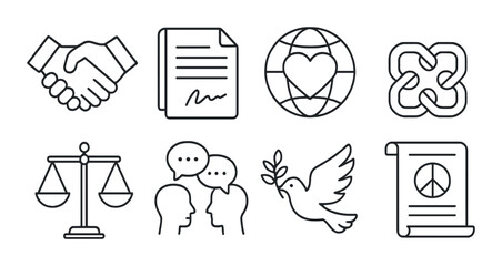 Icon set featuring peace symbols, handshake, justice scale, and communication elements