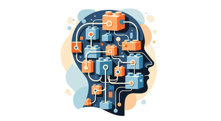Human head silhouette filled with interconnected modular blocks representing complex thought processes.