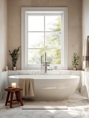 A bright luxurious modern bathroom shot from the front view A large freestanding white bathtub is centered in the frame and a premium wallmounted water geyser