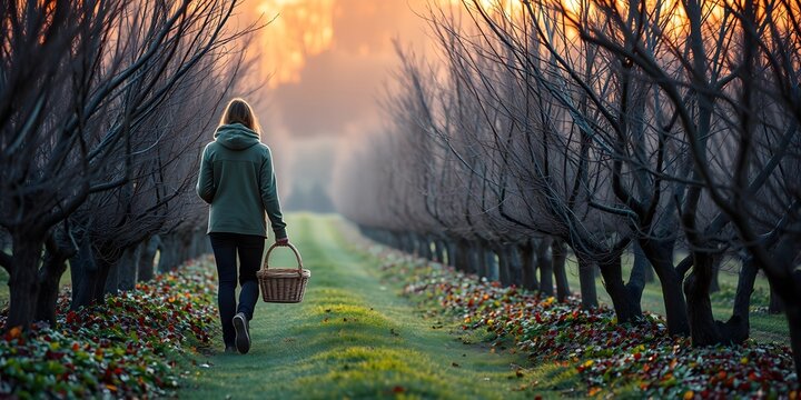 A woman walking down a path with a basket in an autumn orchard at sunrise